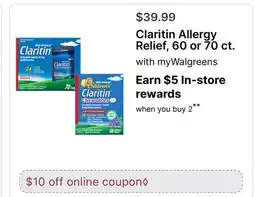 Walgreens Claritin Allergy Relief, 60 or 70 ct offer