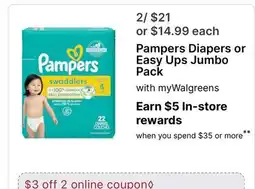 Walgreens Pampers Diapers or Easy Ups Jumbo Pack offer