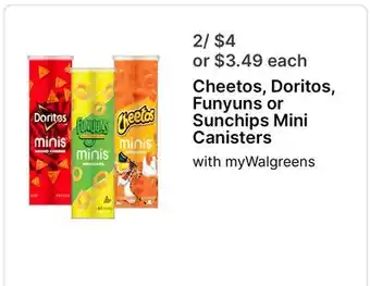 Walgreens Cheetos, Doritos, Funyuns or Sunchips Mini Canisters offer