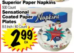 Superior Grocers Superior Paper Napkins 500 Count, Sensational Coated Paper Plates 8.5 Inch / 40 Count offer
