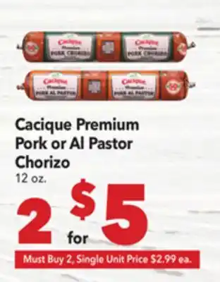 Vallarta Supermarkets Cacique Premium Pork or Al Pastor Chorizo offer