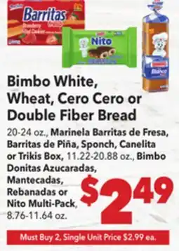 Vallarta Supermarkets Bimbo White, Wheat, Cero Cero or Double Fiber Bread offer