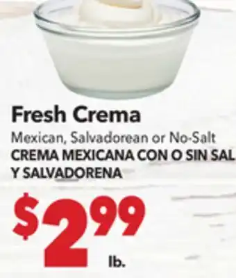 Vallarta Supermarkets Fresh Crema Mexican, Salvadorean or No-Salt/CREMA MEXICANA CON O SIN SAL Y SALVADORENA offer