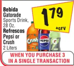 El Super Gatorade Sports Drink, 2 8 Oz. or Pepsi or Crush 2 Liters offer
