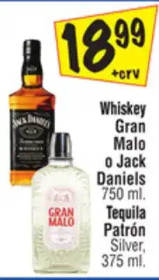 El Super Whiskey Gran Malo o Jack Daniels 750 ml., Tequila Patrón Silver, 375 ml offer
