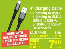 Menards Xtreme Tough 4' USB-C to USB-A Ballistic Fiber Charging Cable offer