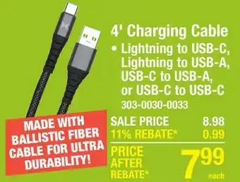 Menards Xtreme Tough 4' USB-C to USB-A Ballistic Fiber Charging Cable offer