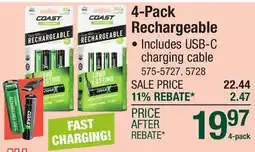Menards Coast Zithion-X AA USB-C Rechargeable Batteries - 4 Pack offer