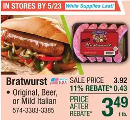 Menards Porky's Last Stand Original Bratwurst - 16 oz offer