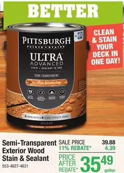 Menards Pittsburgh Paints & Stains Ultra Advanced Semi-Transparent Cinder Wood Stain - 1 gal offer