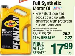 Menards Pennzoil Full Synthetic 5W-30 Motor Oil - 5 Quart offer