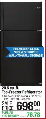 Menards Whirlpool 20.5 cu.ft. Black Top-Freezer Refrigerator offer