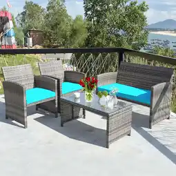 Walmart Costway 4PCS Patio Rattan Furniture Set Conversation Glass Table Top Cushioned Sofa offer