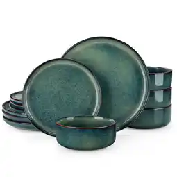 Walmart MALACASA 12 Piece Dinnerware Set, Stoneware Dish Plate Set, Service for 4, Green Vertical edge shape offer