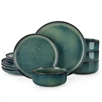 Walmart MALACASA 12 Piece Dinnerware Set, Stoneware Dish Plate Set, Service for 4, Green Vertical edge shape offer