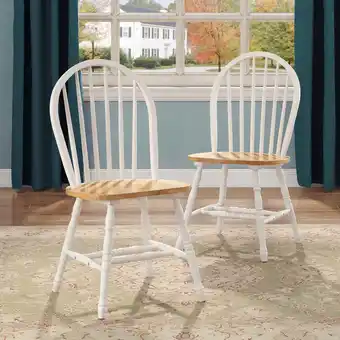Walmart Better Homes and Gardens Autumn Lane Windsor Solid Wood Dining Chairs, White and Oak (Set of 2) offer