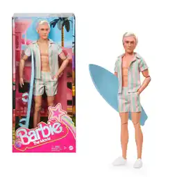 Walmart Barbie The Movie Ken Doll Wearing Pastel Pink and Green Striped Beach Matching Set with Surfboard offer