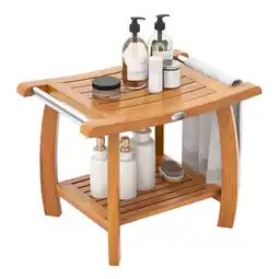Walmart Gymax Teak Wood Shower Bench 2-Tier Wooden Shower Stool w/ Curved Seat Handles Small offer