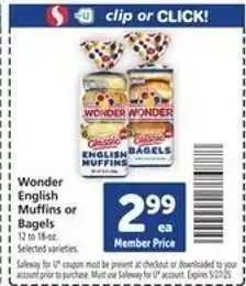 Safeway Wonder English Muffins or Bagels offer