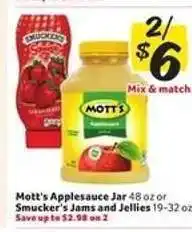 Winn Dixie Mott's Applesauce Jar or Smucker's Jams and Jellies offer