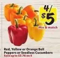 Winn Dixie Red, Yellow or Orange Bell Peppers or Seedless Cucumbers offer