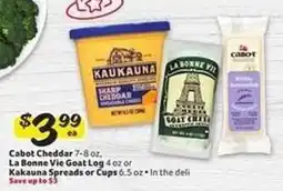 Winn Dixie Cabot Cheddar, La Bonne Vie Goat Log, or Kaukauna Spreads or Cups offer