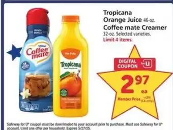 Safeway Tropicana Orange Juice & Coffee mate Creamer offer