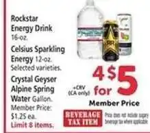 Safeway Rockstar Energy Drink, Celsius Sparkling Energy, Crystal Geyser Alpine Spring Water offer