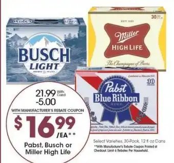Kroger Pabst, Busch or Miller High Life offer