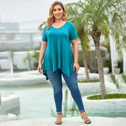 Walmart LARACE Short Sleeve T-Shirts for Women Plus size Tops V-Neck Tunic Tops for Leggings Lake Blue 1X offer