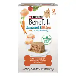 Walmart Purina Beneful IncrediBites Pate Small Wet Dog Food Soft Real Chicken & Veggies, 3 oz Cans (3 Pack) offer
