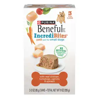Walmart Purina Beneful IncrediBites Pate Small Wet Dog Food Soft Real Chicken & Veggies, 3 oz Cans (3 Pack) offer