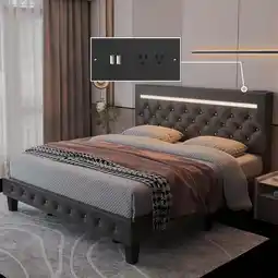 Walmart Kallabe Bed Frame Queen Size with Adjustable Upholstered Headboard, LED&Charging Station, Black offer