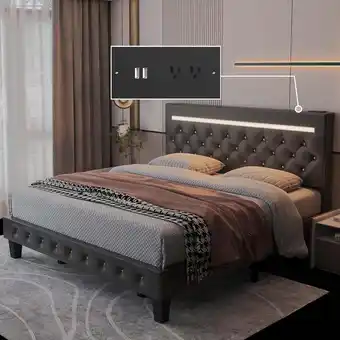 Walmart Kallabe Bed Frame Queen Size with Adjustable Upholstered Headboard, LED&Charging Station, Black offer