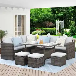 Walmart Heynemo 7 Pcs Outdoor Wicker Dining Set Patio Set with Table and Ottoman, Steel Frame, Gray offer