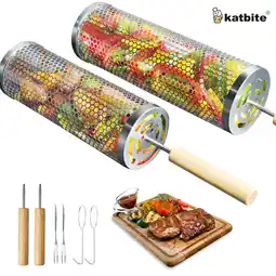 Walmart Katbite 2-Pack Rolling Grill Baskets with Removable Wooden Handles, 304 Stainless Steel BBQ Baskets offer