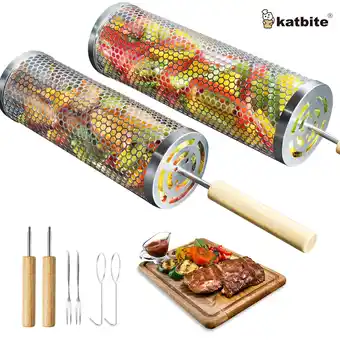 Walmart Katbite 2-Pack Rolling Grill Baskets with Removable Wooden Handles, 304 Stainless Steel BBQ Baskets offer
