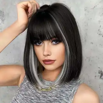 Walmart Creamily 13 Inch Short Natural Black Bob Wig for Women with Bangs (Black with Gray Highlights) offer