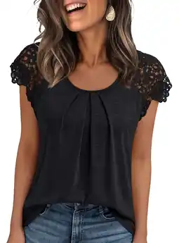 Walmart SUNBS Blouses for Women Lace Tops Pleated Short Sleeve Shirts Summer Business Casual Dressy Clothes offer