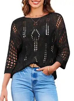 Walmart DOKOTOO Women's Crochet Tops Summer 3/4 Sleeve Crew Neck Hollow Out Bathing Suit Cover Up for Women offer