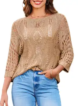 Walmart DOKOTOO Women's Crochet Tops Summer 3/4 Sleeve Crew Neck Hollow Out Bathing Suit Cover Up for Women offer