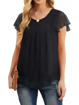 Walmart JWD women's short sleeved double-layer mesh pleated shirt summer fashion casual top Black-L offer
