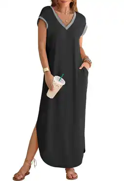 Walmart YOGAFOX Women's 2025 Summer Casual V Neck Split Beach Vacation Loose Maxi Dresses(Black,L) offer