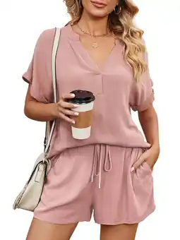 Walmart UVN Women 2 Piece Outfits Set Summer Short Set Ladies Short Top Pants Casual Loose Tracksuit offer