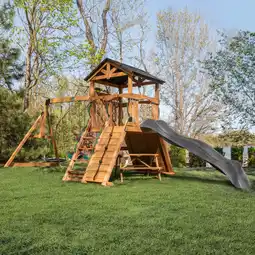 Walmart Backyard Discovery Endeavor II Cedar Wood Swing Set, Slide, Play Deck, Double Rock Wall offer