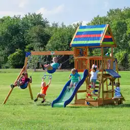 Walmart Backyard Discovery Beach Front Cedar Wood Swing Set, Slide, Play Deck, Monkey Bars offer