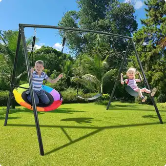 Walmart Hapfan 500lb Heavy Duty Metal Swing Set with 900D Oxford Saucer Swing, 2 PCS EVA Belt Swing offer