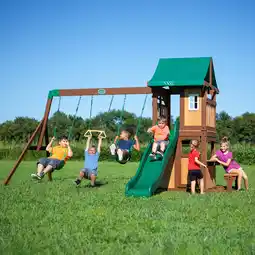 Walmart Backyard Discovery Lakewood Cedar Wood Swing Set, Slide, Clubhouse, Playhouse, Snack Bar offer