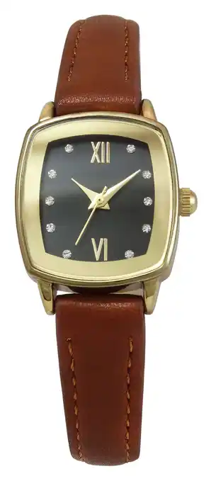 Walmart Time & Tru Ladies 23mm Gold Tone Cushion Shape Mettalized Bezel Brown Strap Watch offer