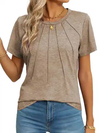 Walmart Sexy Dance Blouses for Women Short Sleeve Shirts Casual Dressy Summer Tops with Pleats Brown 2XL offer